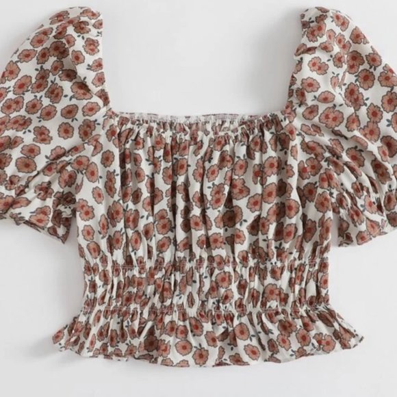 Puff sleeve ruffle trim floral top - Picture 2 of 2